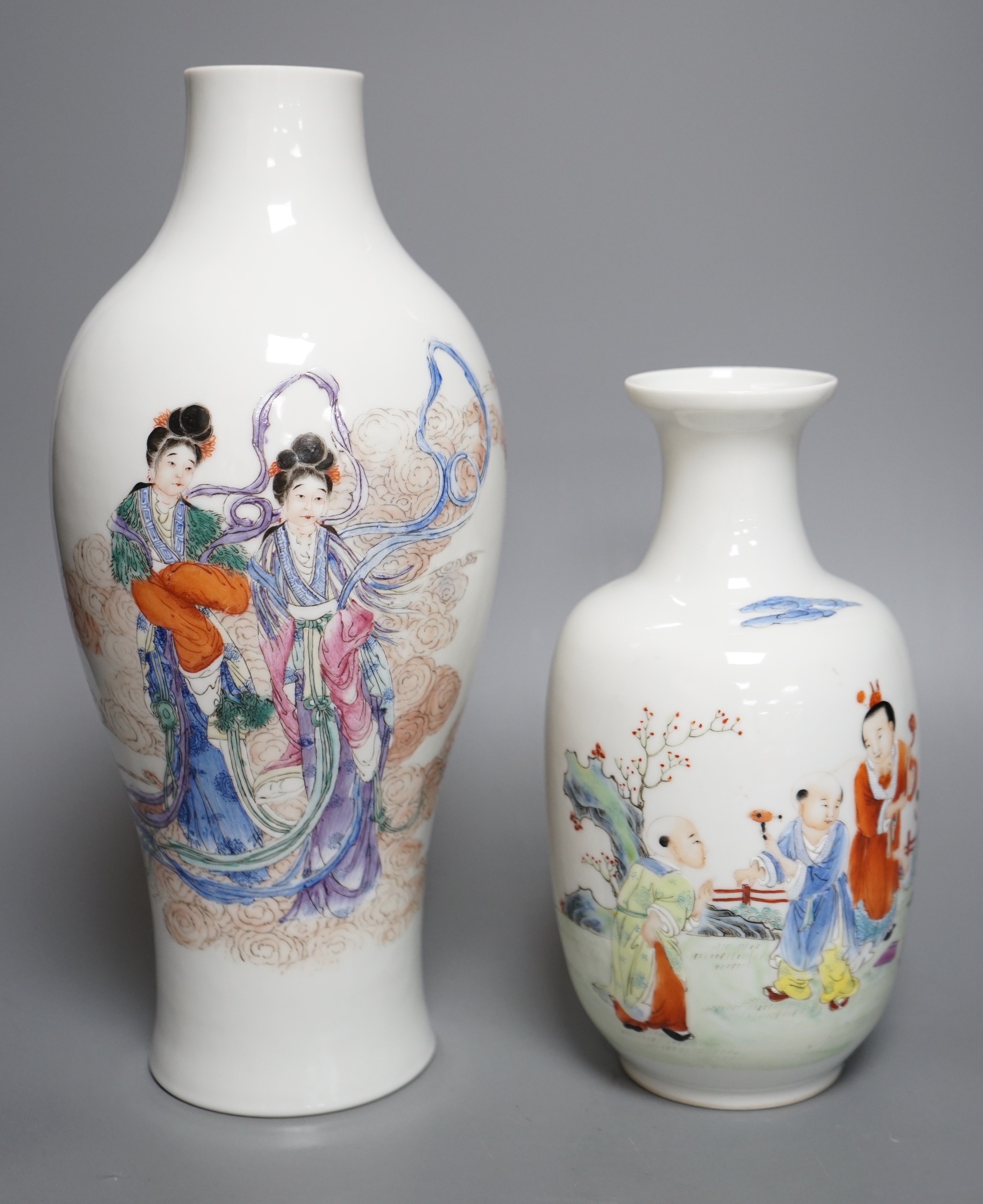 A Chinese Republic period famille rose ‘fairies’ vase (cut down) and a Chinese Republic period ‘boys’ vase, both with pseudo Qianlong marks, Tallest 31cm